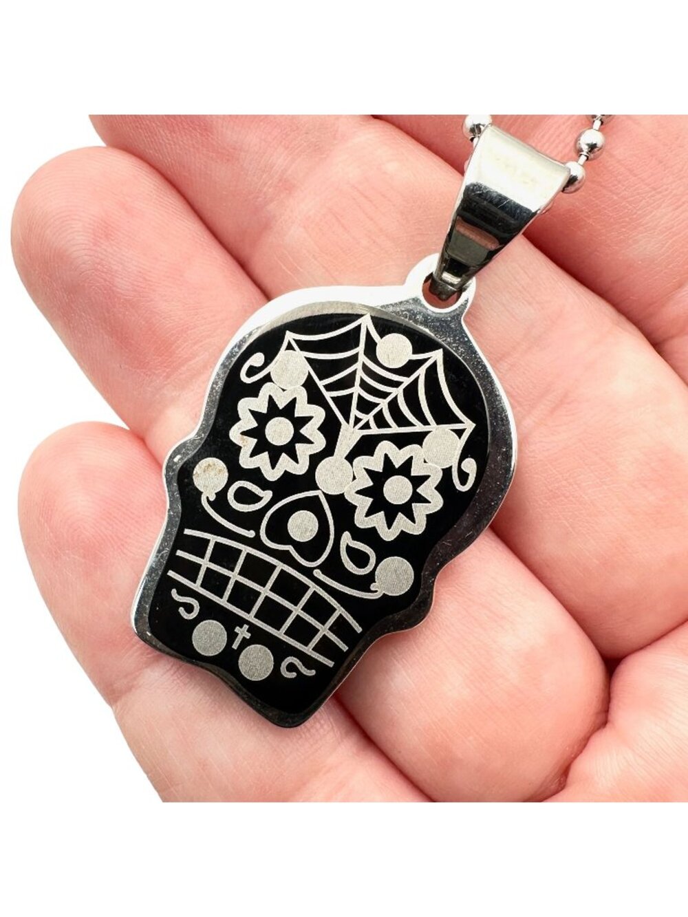 Stainless Steel Unisex Necklace Sugar Skull Day of the Dead 24 Inch Chain